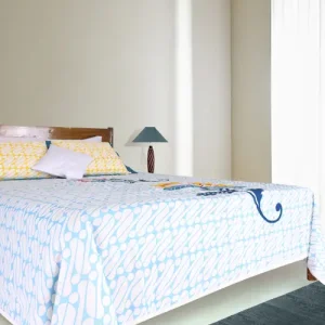 White/Blue Printed and Embroidered Cotton Bed Cover Set